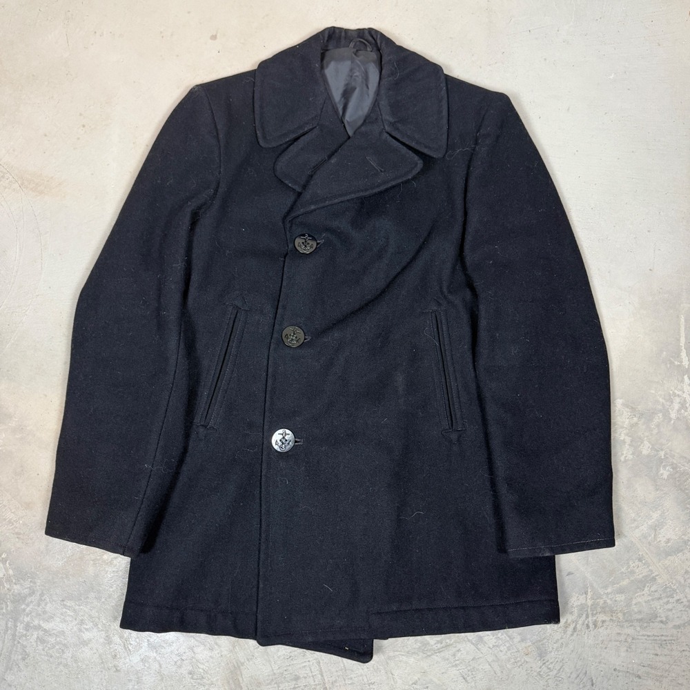 Vintage US Navy Enlisted Mans Wool Pea Coat Overcoat Navy Blue 36R 1980s 80s